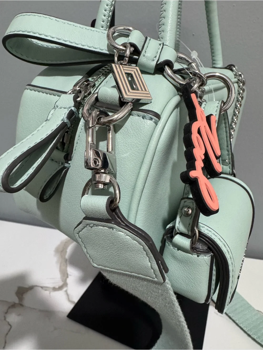 Karl Lagerfeld Mint Green Leather Barrel Crossbody with Chain